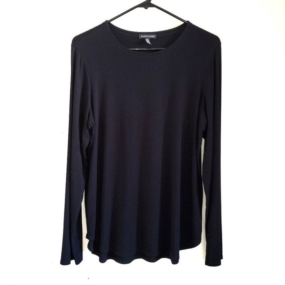 Eileen Fisher Black Tee Jersey Knit Long Sleeve Tunic Top Viscose Lycra Blend Lg - Picture 1 of 9